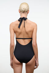 Black one-piece swimsuit back view with tie bow and crossing straps