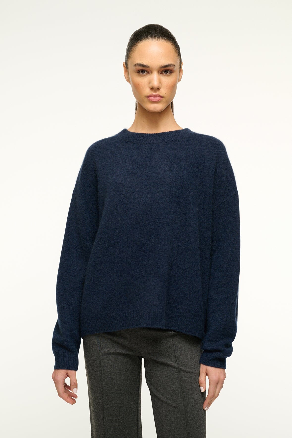 Navy cashmere relaxed crewneck sweater front view with crew neck and cuffs
