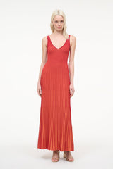 Sleeveless V-neck maxi dress with vertical sunburst stripes, coral red