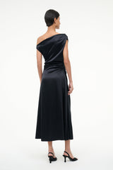 Black silk one-shoulder midi dress, back view with gathered waist