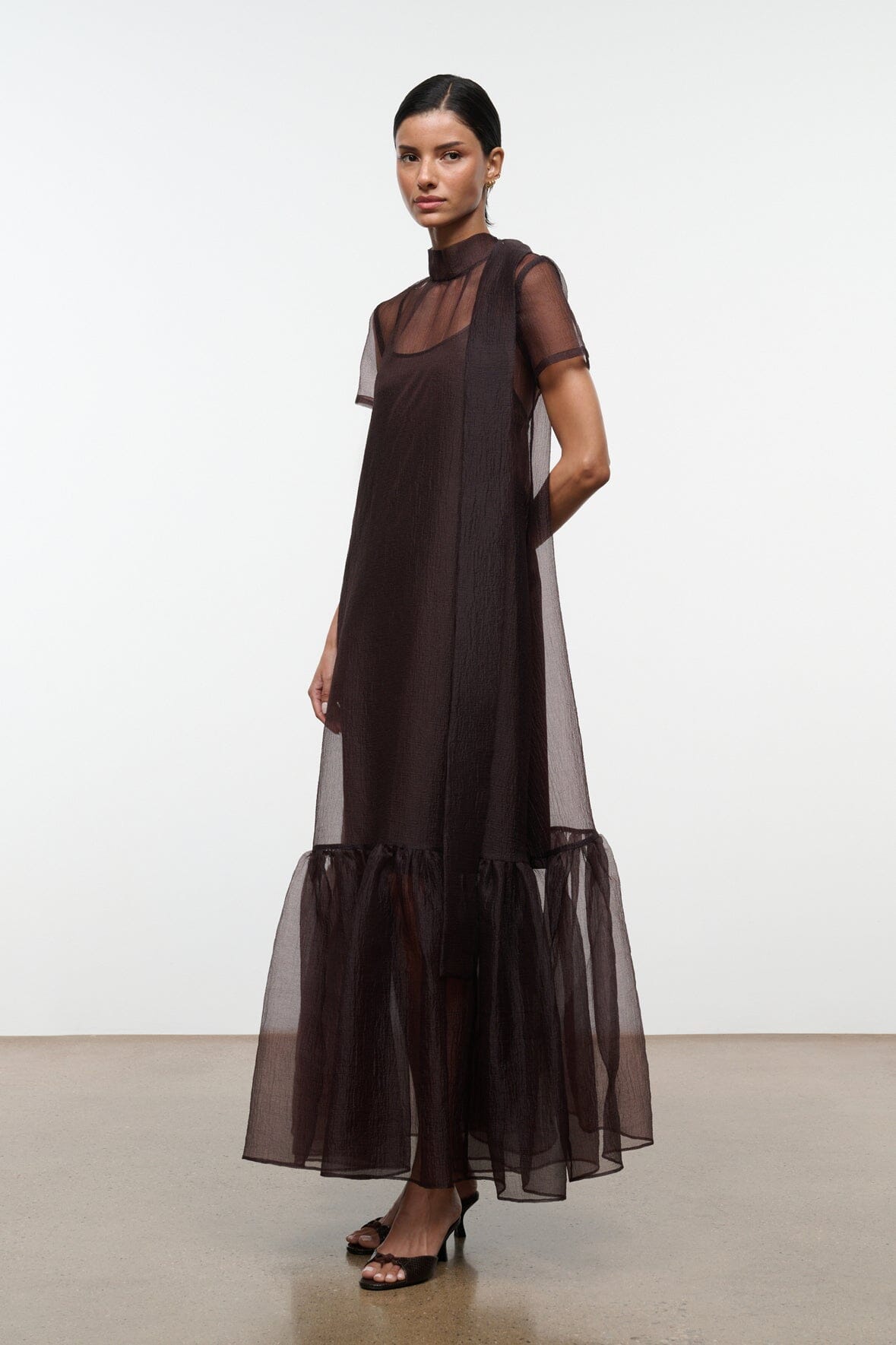 Dark brown sheer maxi dress with tiered hem and short sleeves