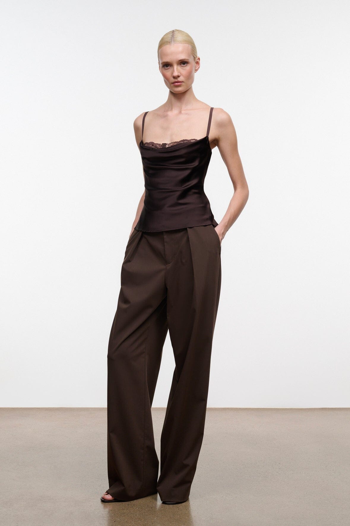 Dark brown silk cami with lace bust panel and draped cowl front