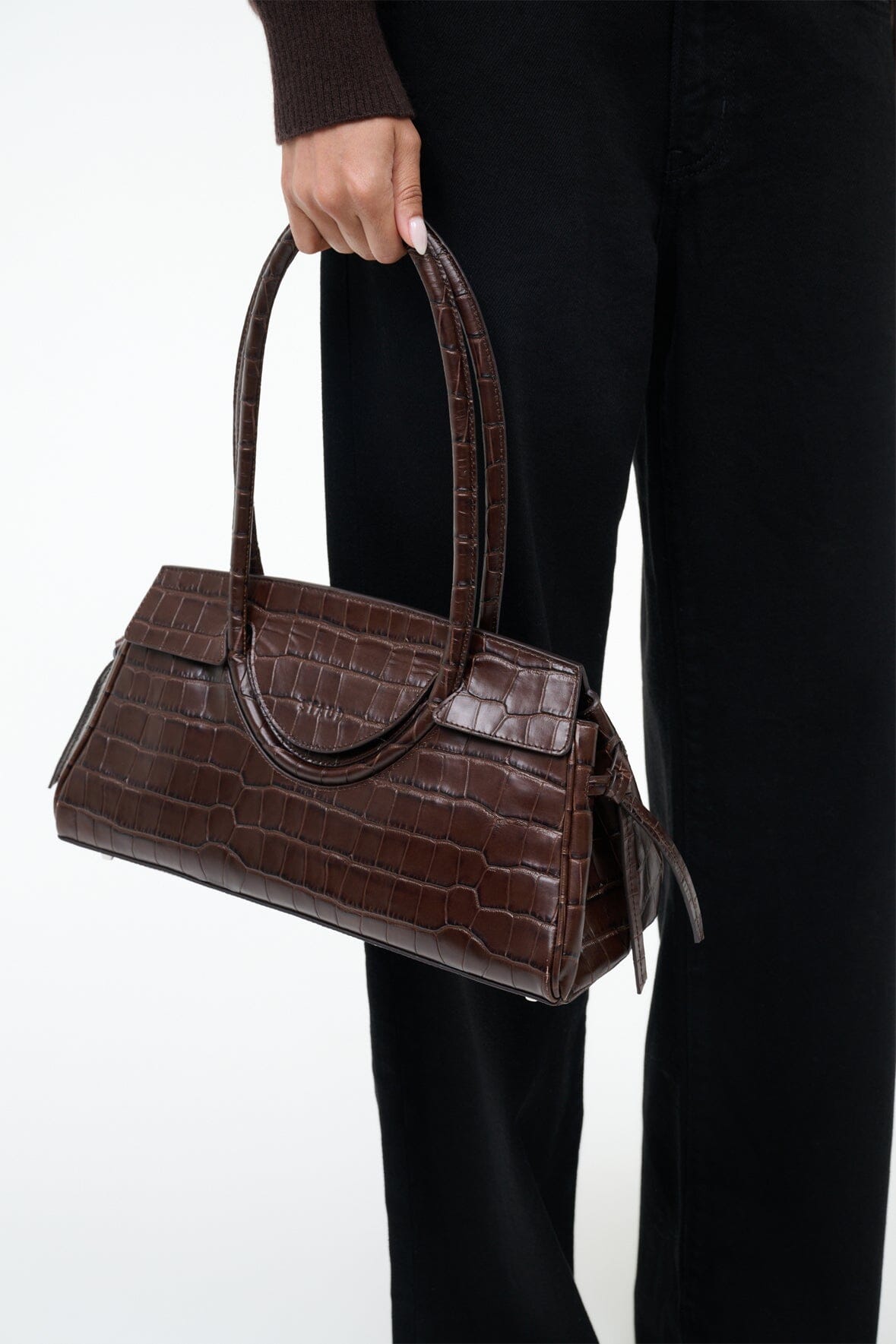 Maude croc-embossed shoulder bag in espresso brown, structured top handles