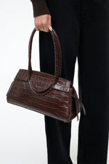 Maude croc-embossed shoulder bag in espresso brown, structured top handles