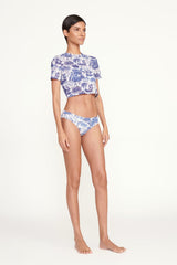Blue and white toile printed crop coverup top with crew neck and short sleeves