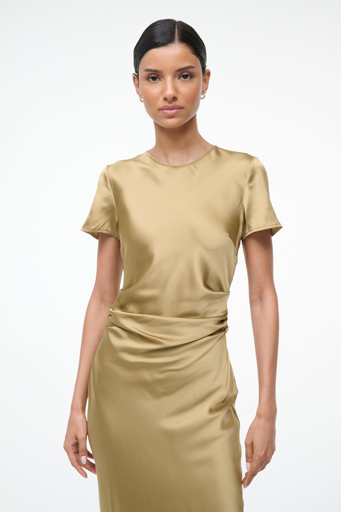 Silk midi dress in antique gold with draped waist and short sleeves