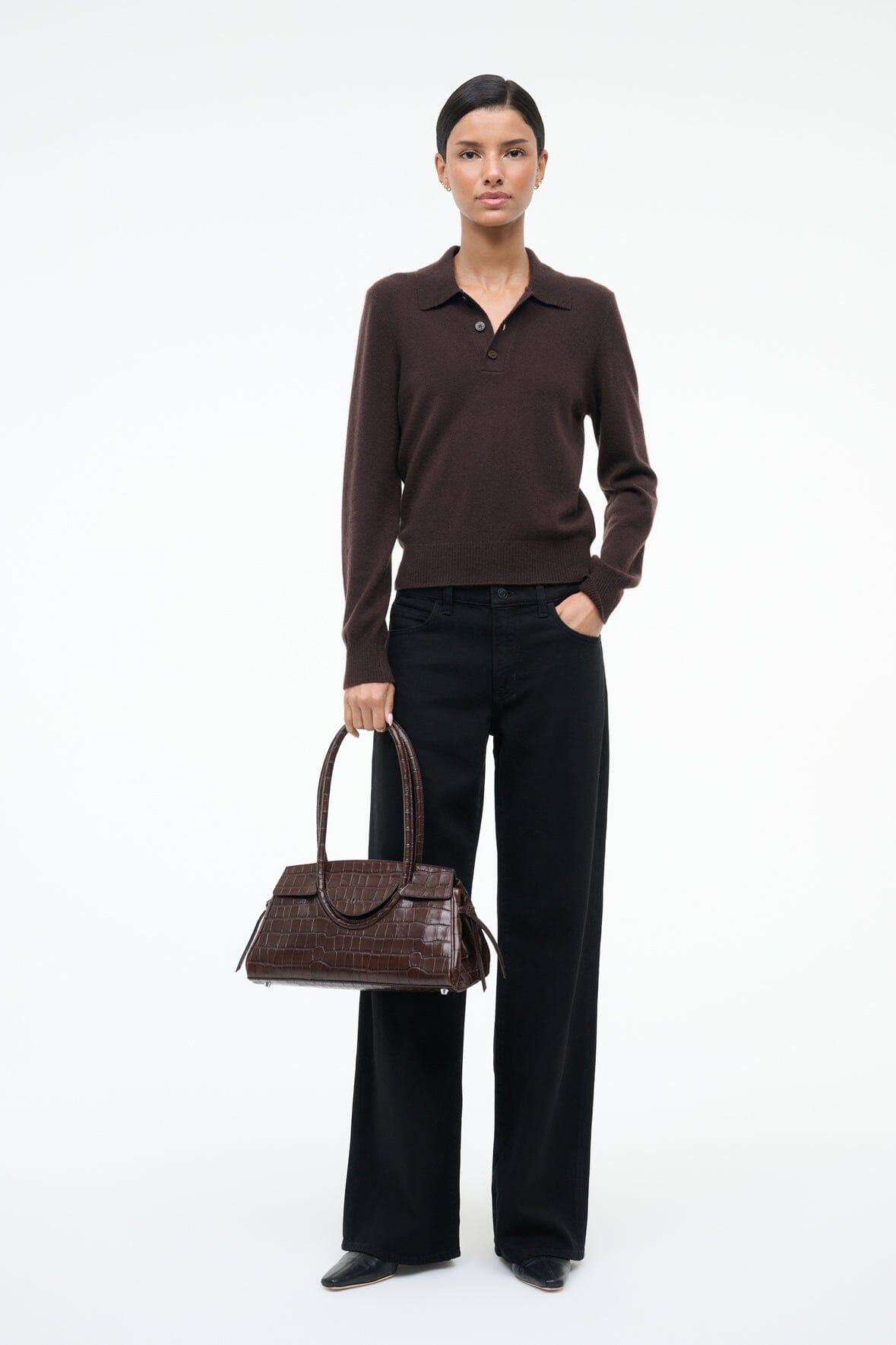 Maude espresso brown croc shoulder bag with short handles, held by arm