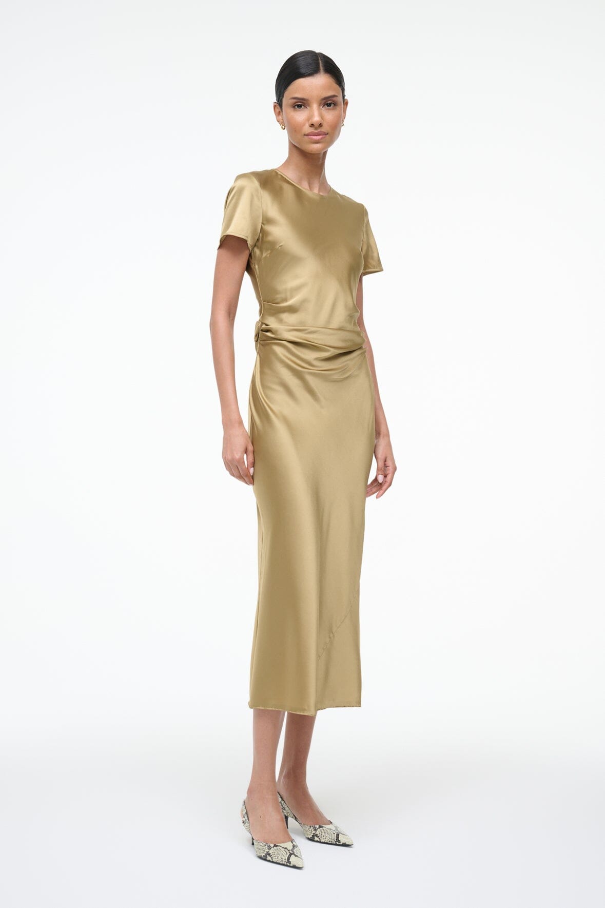 Silk midi dress in antique gold with crew neck, short sleeves, ruched waist
