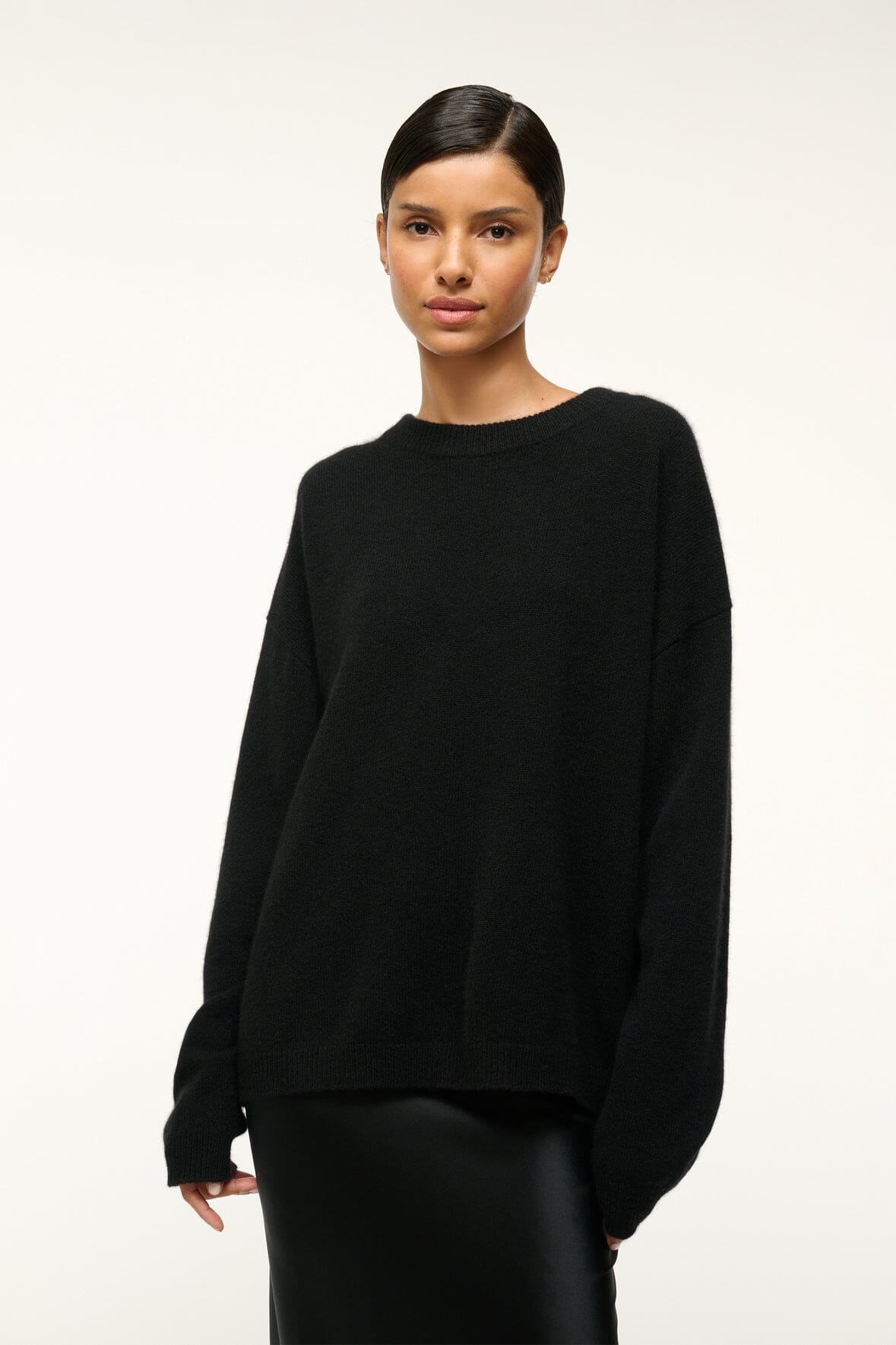 Black relaxed cashmere crewneck sweater with long dropped sleeves