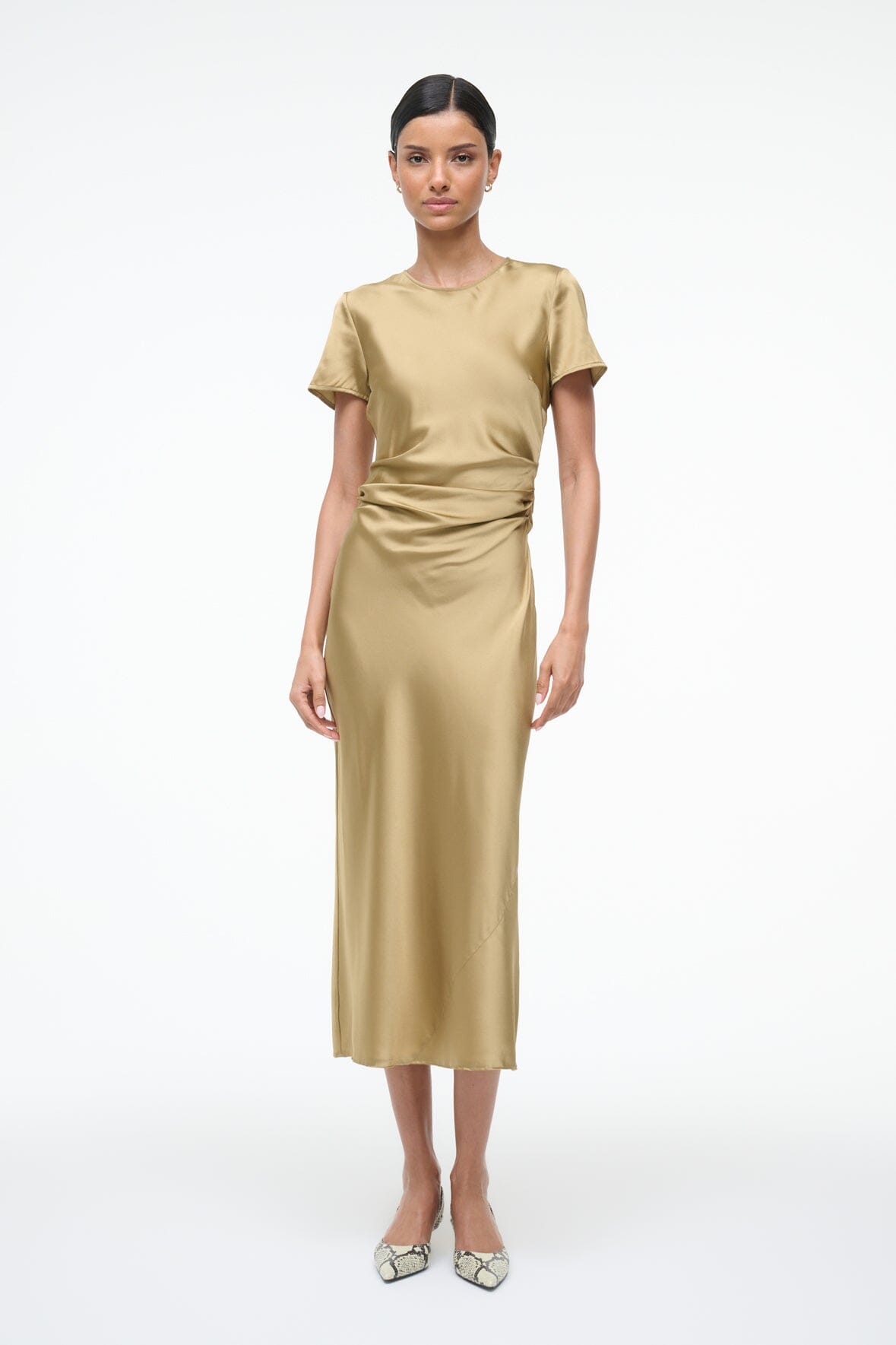 Silk midi dress in antique gold with short-sleeve crew neck and gathered front