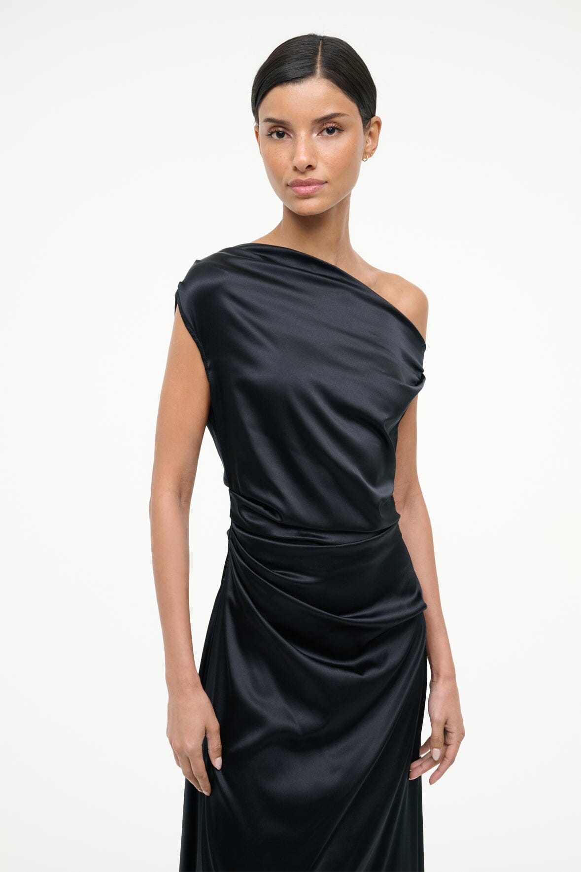 Black silk one-shoulder draped midi dress with gathered waist