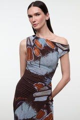 One-shoulder printed maxi dress, blue and rust abstract pattern