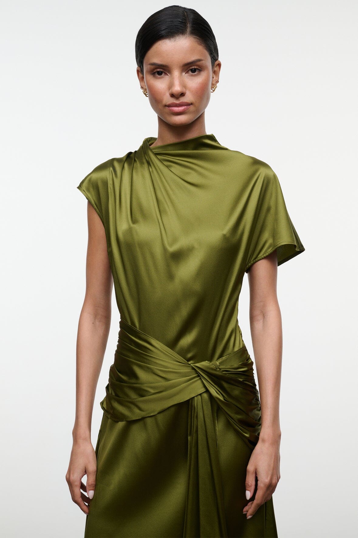 Olive silk midi dress with high neck, short sleeves, and twisted waist drape