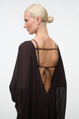 NOUR espresso dress backless V-back with thin straps and tied bow detail
