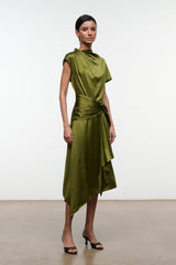 Olive silk dress, side view with draped collar, short sleeves, and layered asym hem