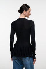Black long-sleeve peplum top, V-neck back view