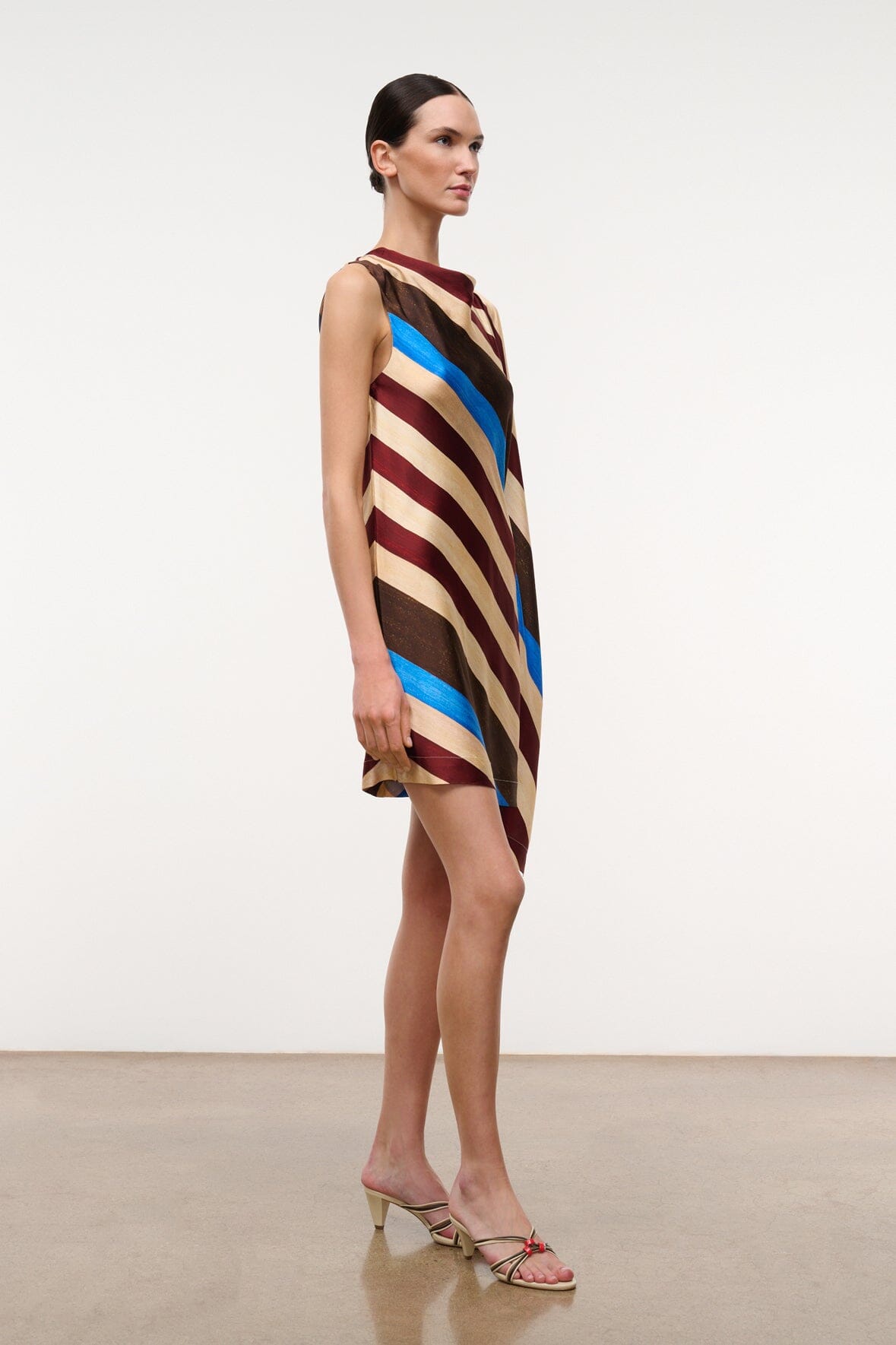 Silk shift dress with wide draped neckline, striped brown, cream, burgundy and blue