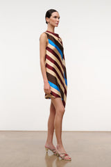 Silk shift dress with wide draped neckline, striped brown, cream, burgundy and blue