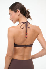 Dark chocolate bikini top with halter ties and red bead accents, back view