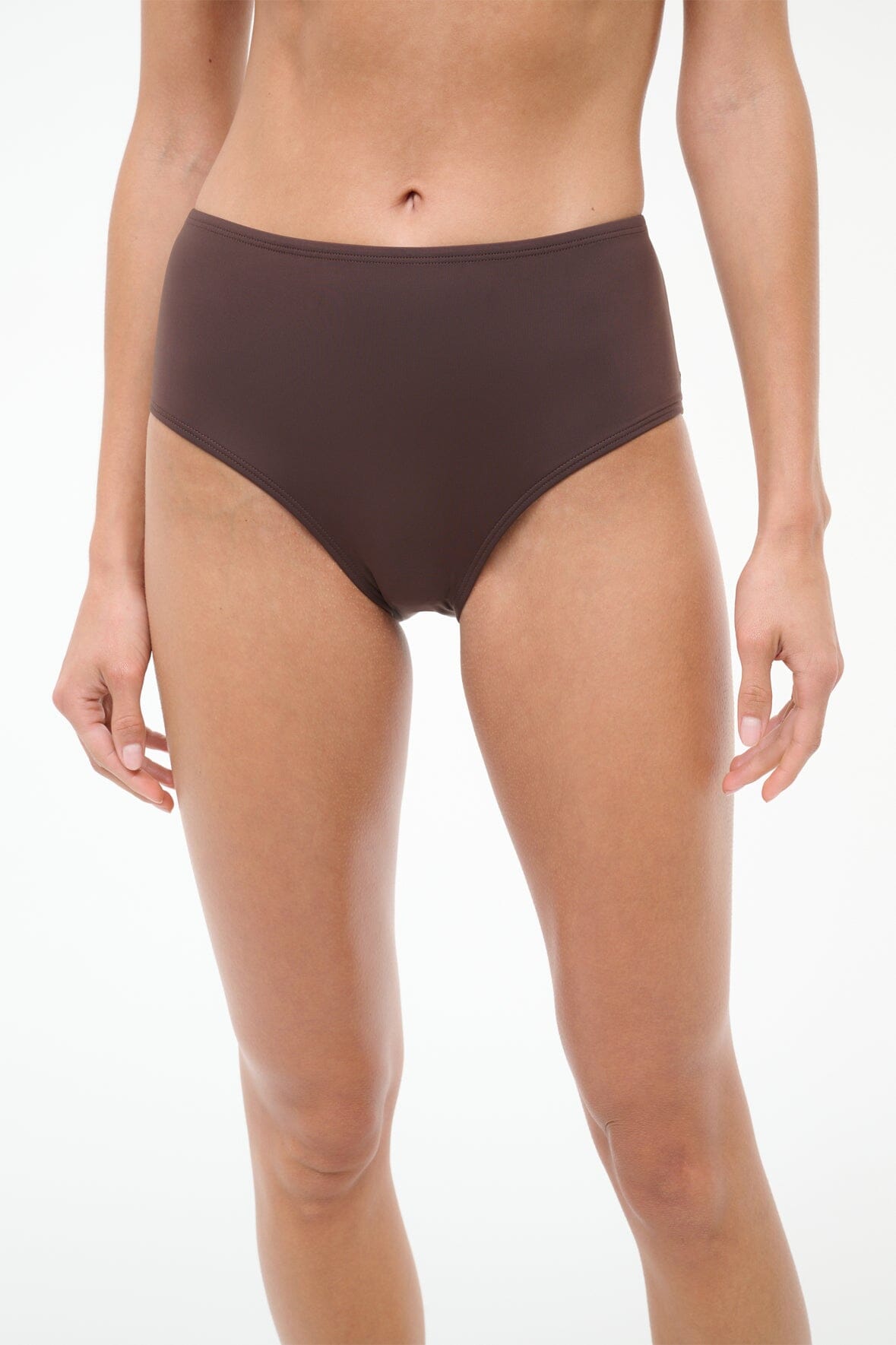 High-rise dark brown bikini bottom, smooth full-coverage seamless fit