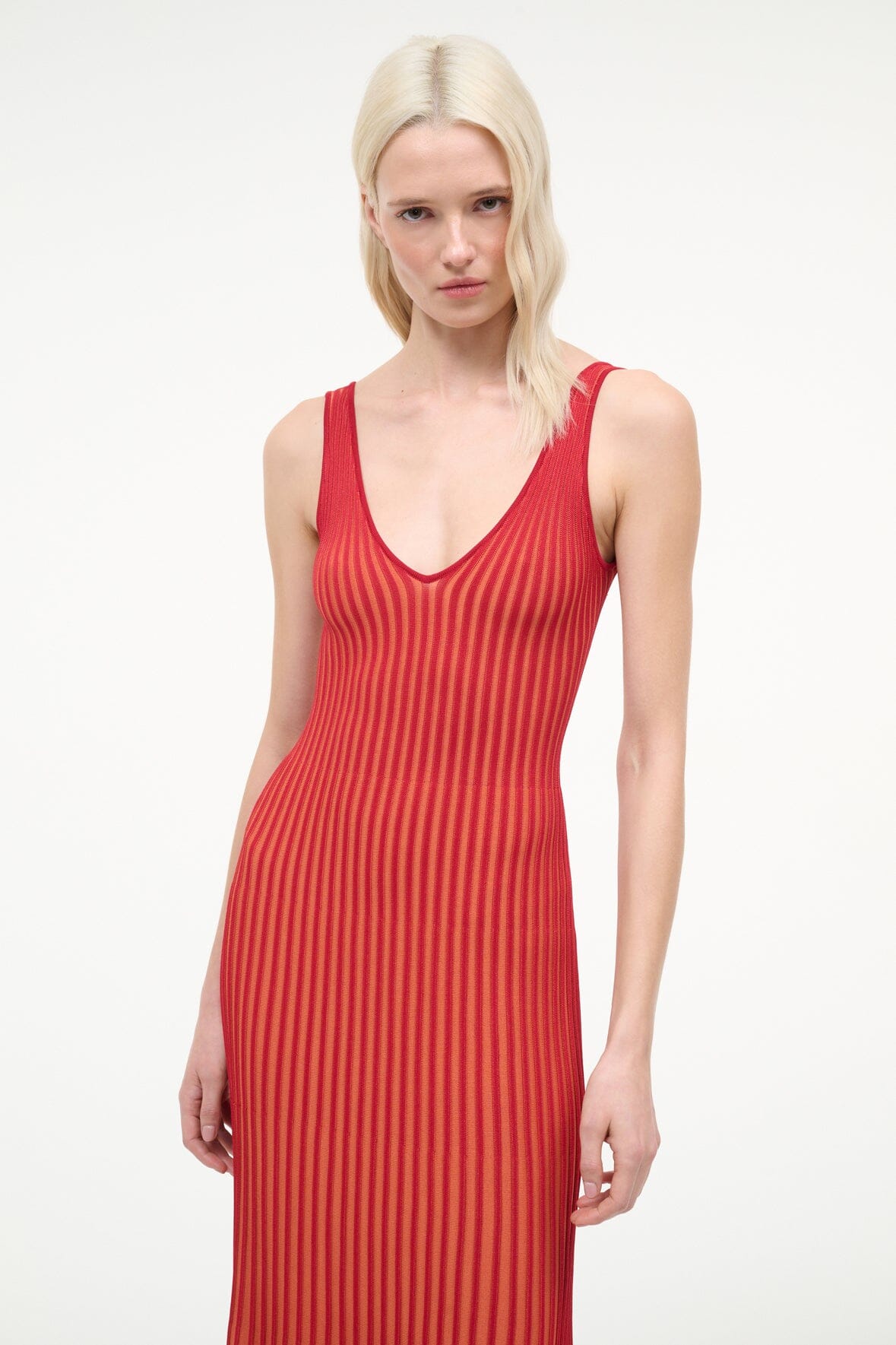 Red sleeveless maxi dress with V-neck and vertical ribbed stripe fabric