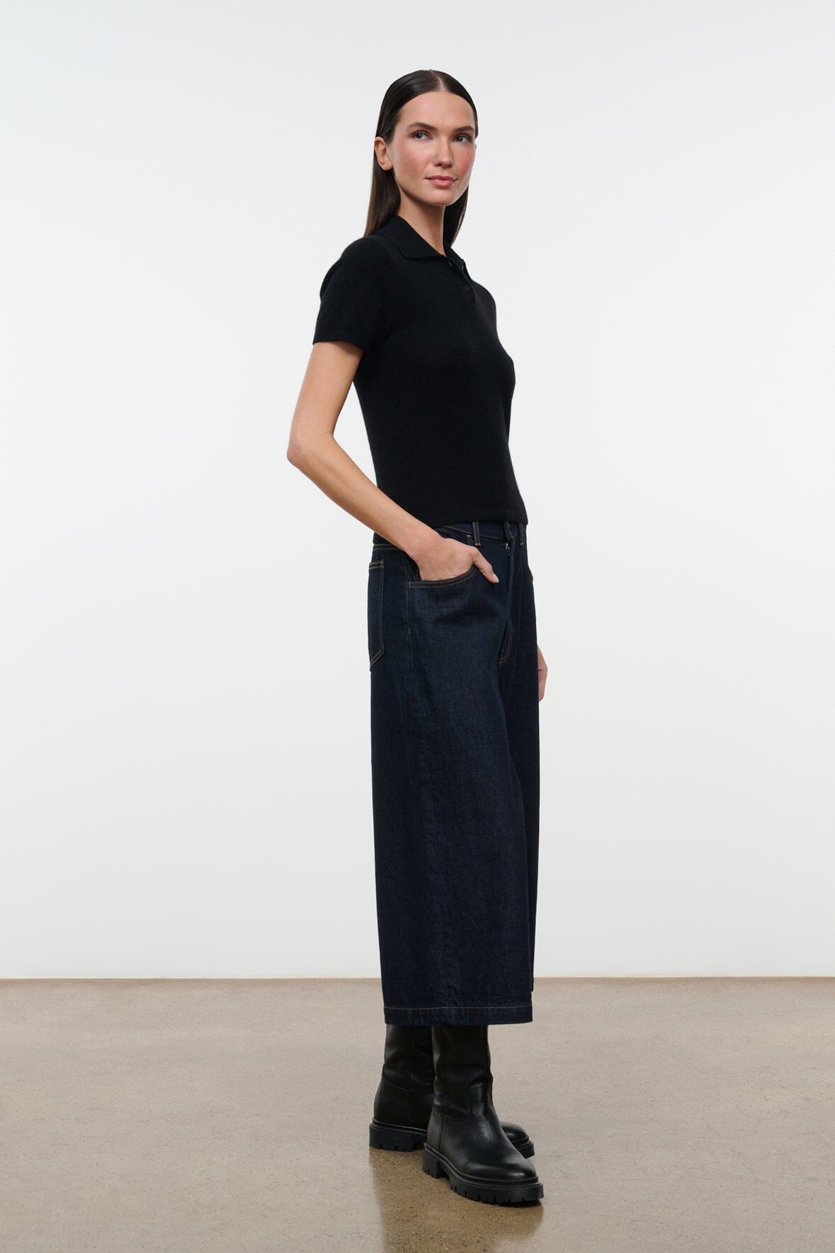 Hunter indigo denim culotte jeans, front view with wide leg and mid-rise waist
