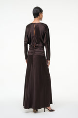 Silk dress with long sleeves and back ruched waist detail, dark brown.