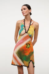 Multicolor sleeveless mini dress with black lace trim, V-neck, straight hem