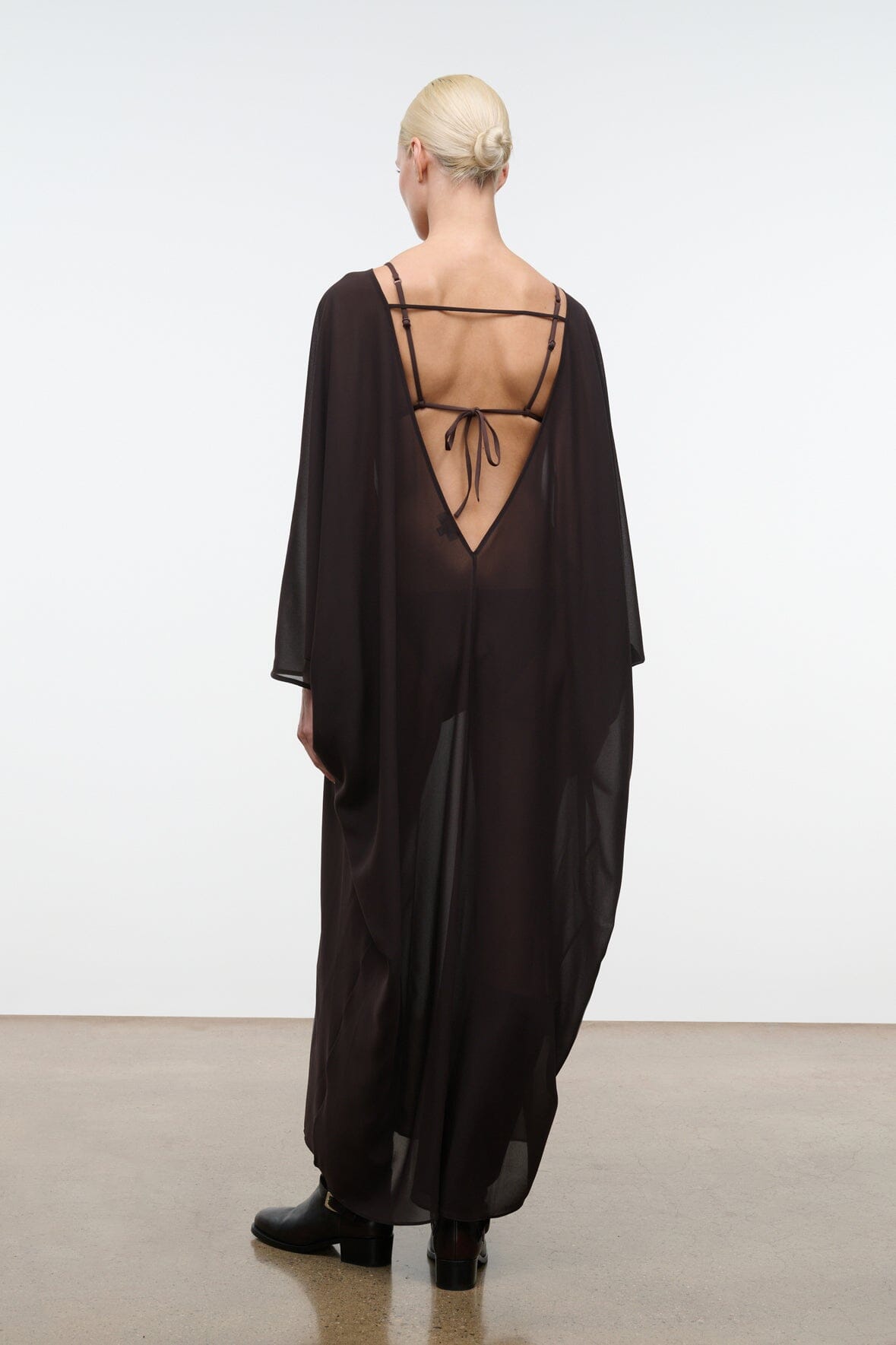 NOUR espresso dress open V-back with thin straps and tied back bow