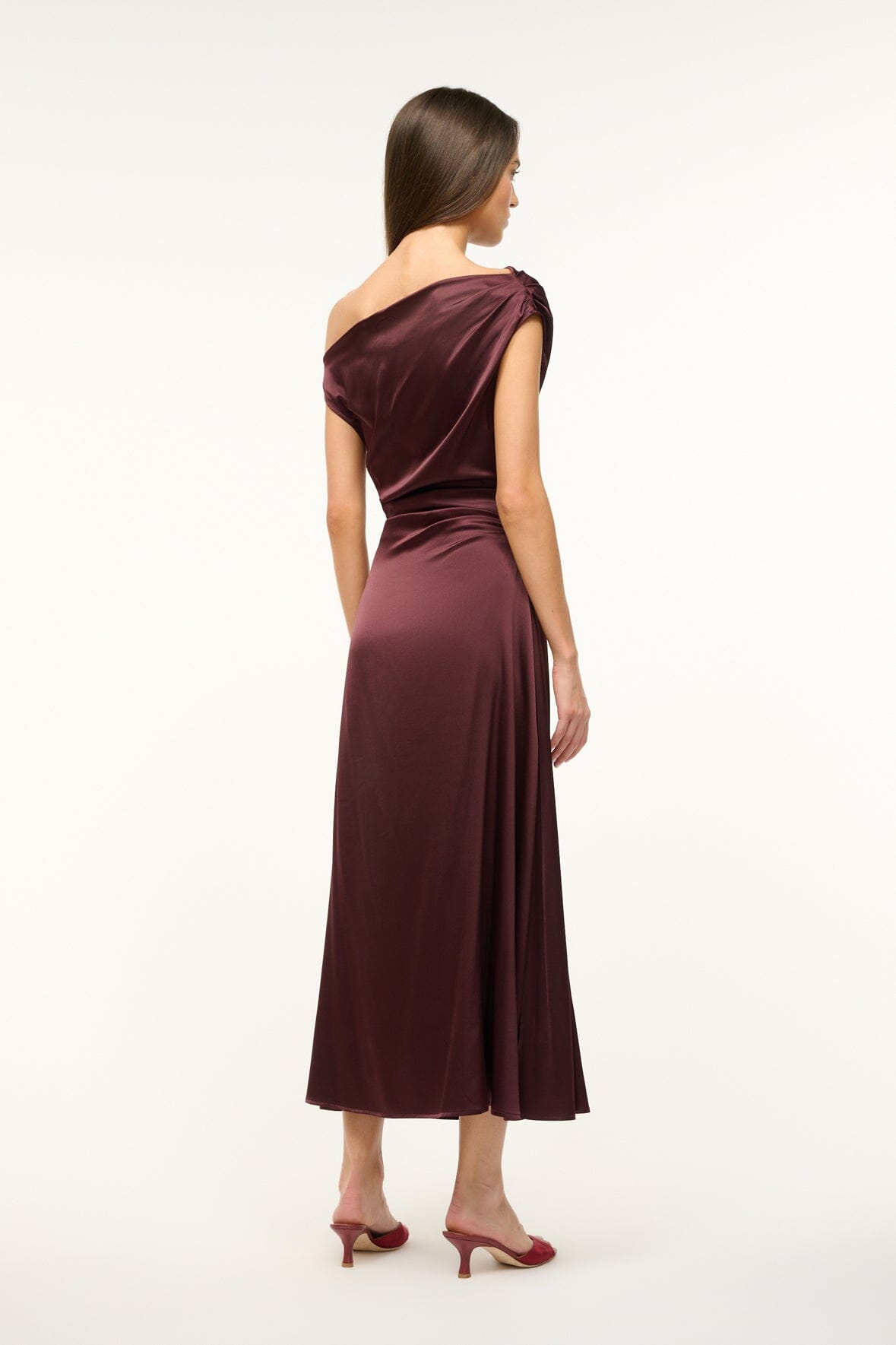 Merlot satin off-shoulder midi dress, back view with draped waist.