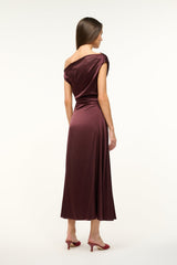 Merlot satin off-shoulder midi dress, back view with draped waist.