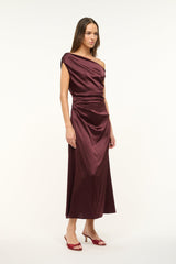 Merlot satin off-shoulder midi dress with draped bodice and tapered skirt.