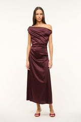 Merlot satin off-shoulder midi dress with gathered drape and fitted waist.
