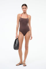 Dark brown halter one-piece swimsuit with halter back tie and red beaded straps