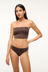 Dark chocolate bikini bottom, mid-rise hipster cut, smooth fabric with clean edges