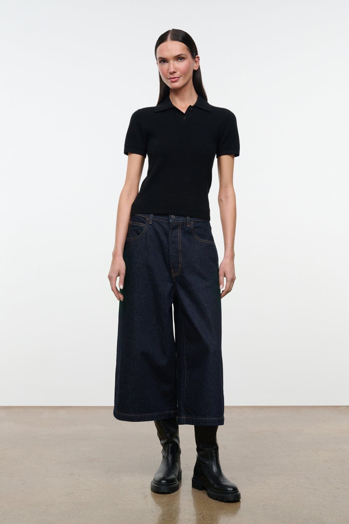 Hunter indigo denim culotte jeans, front view with patch pockets, belt loops, wide leg
