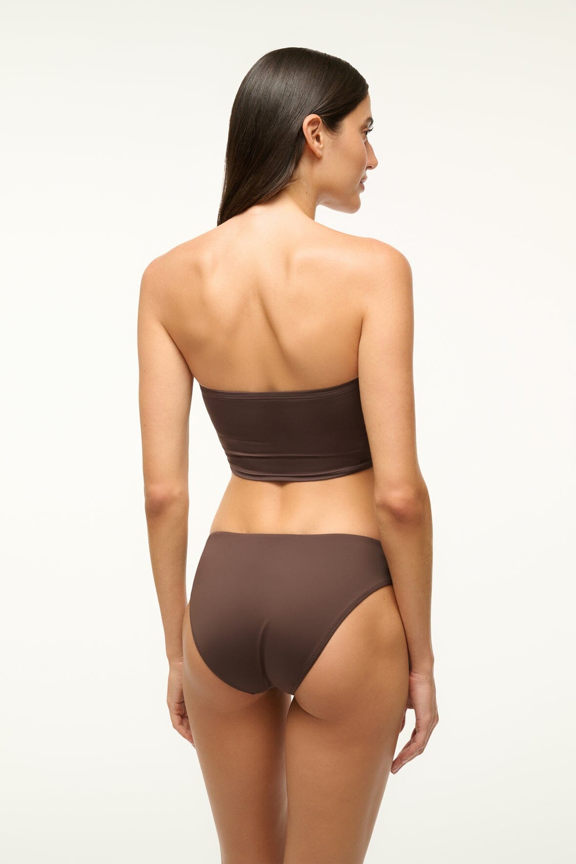 Dark chocolate bikini bottom, mid-rise hipster cut, smooth back view