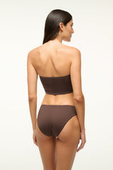 Dark chocolate bikini bottom, mid-rise hipster cut, smooth back view