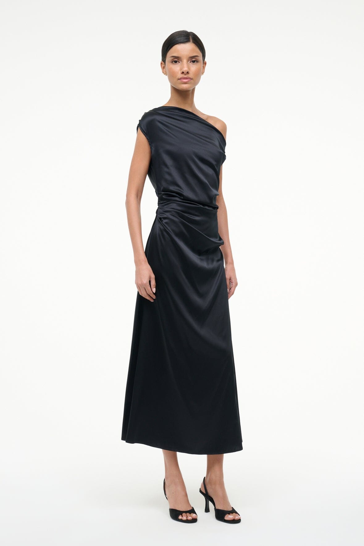 Black silk one-shoulder midi dress with back drape and gathered waist