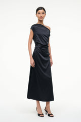 Black silk one-shoulder midi dress with back drape and gathered waist