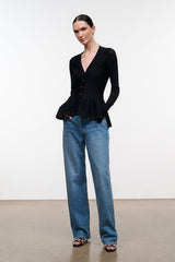 Black long-sleeve V-neck peplum top with button front