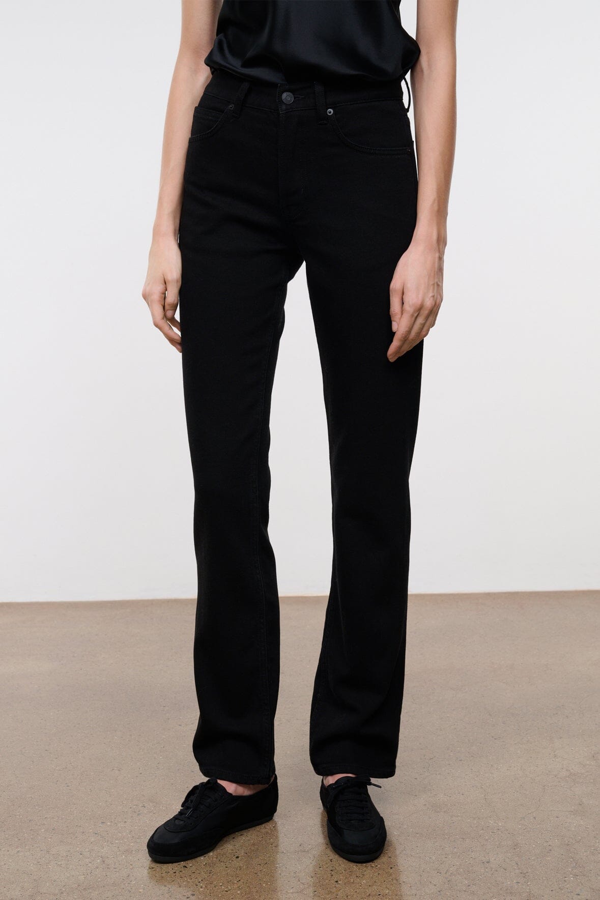 Black straight jeans with front button fly, belt loops, and two front pockets