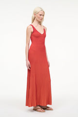 Red pleated sleeveless maxi dress with V-neck and vertical stripe texture