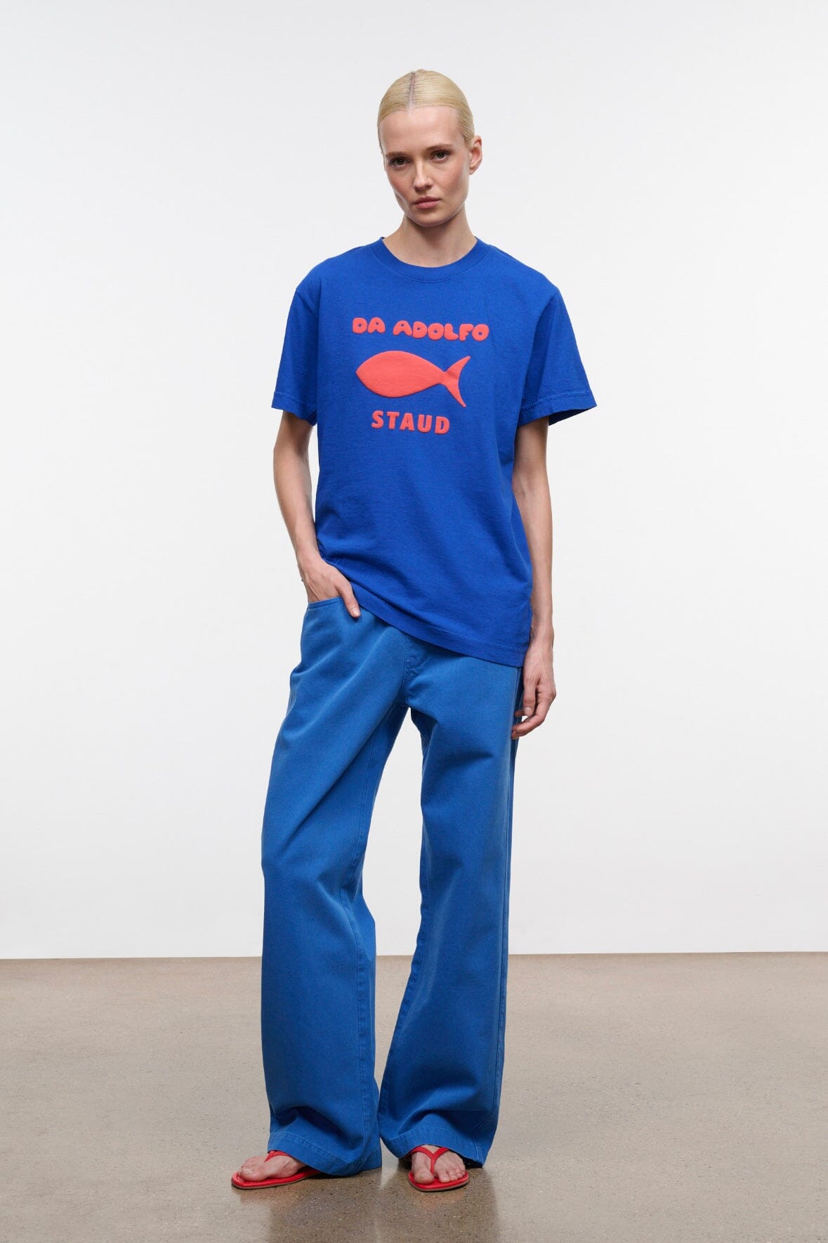 Blue crew-neck T-shirt with front DA ADOLFO and STAUD graphic