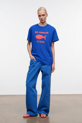 Blue crew-neck T-shirt with front DA ADOLFO and STAUD graphic