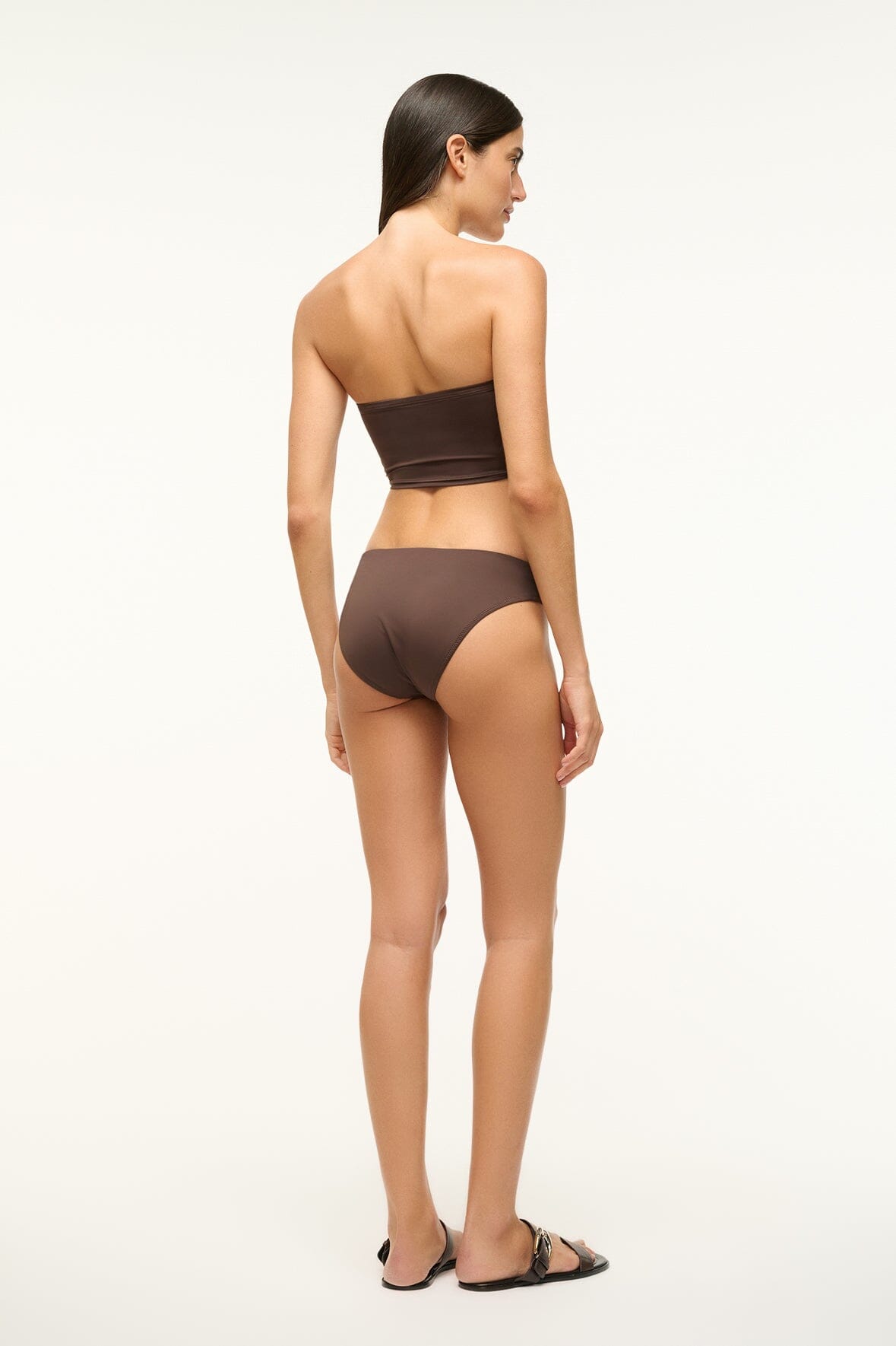 Dark chocolate bikini bottom, mid-rise hipster cut, seamless back coverage