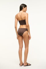 Dark chocolate bikini bottom, mid-rise hipster cut, seamless back coverage