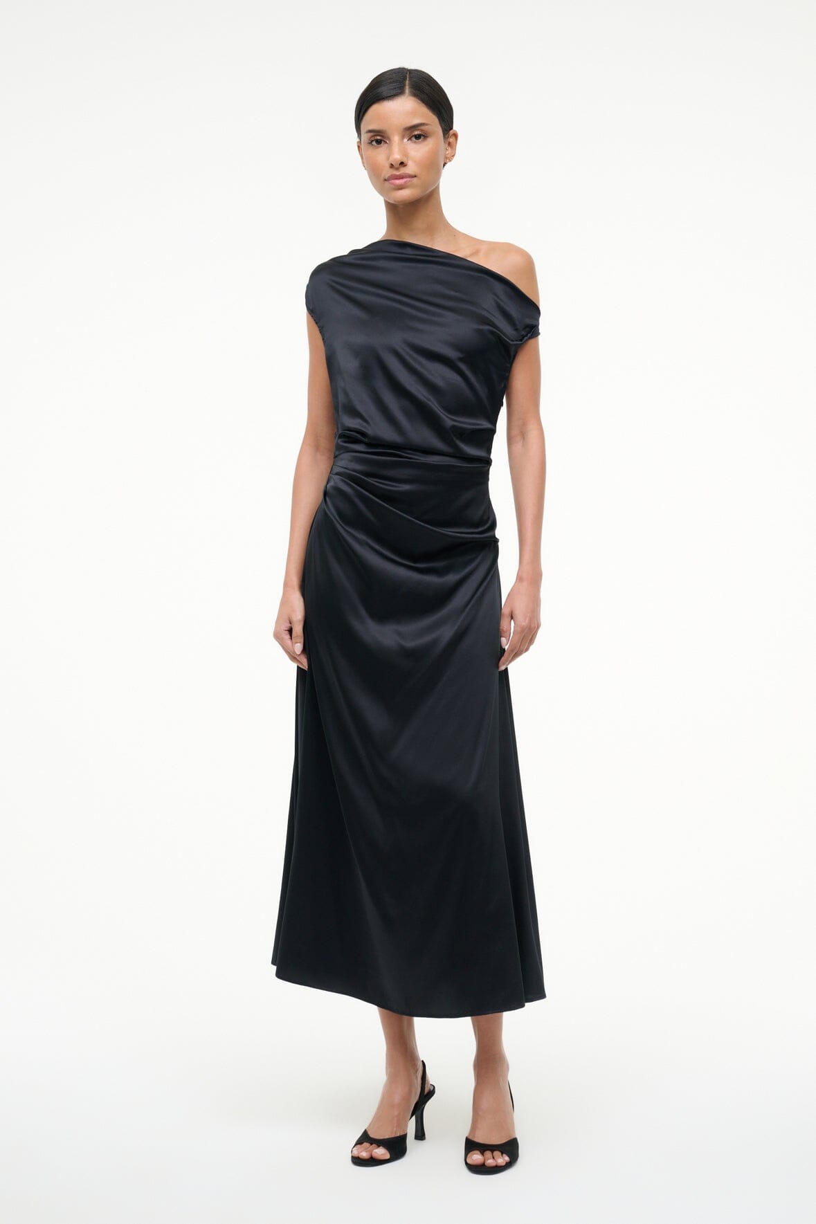 Black silk one-shoulder midi dress with ruched waist and side drape