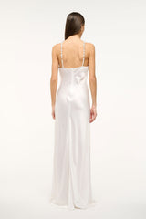 Pearl satin halter maxi dress with open back and beaded straps