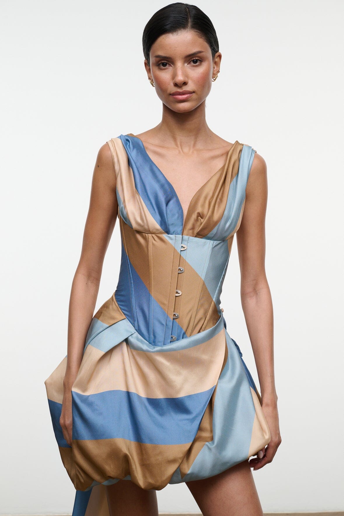 Silk mini dress in desert stripe print, V-neck, button-front bodice, sleeveless